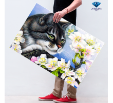 Алмазная мозаика "Котик нюхает цветы"