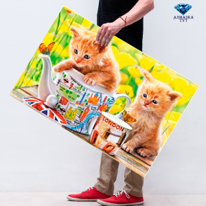 Алмазная мозаика "Котятки, бабочка и английский чайник"